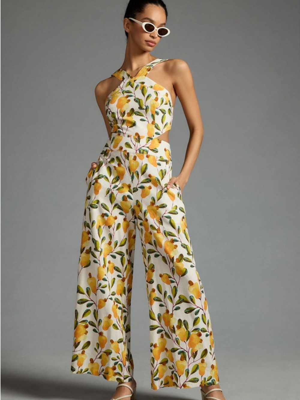 Floral Lemon Print Halter Jumpsuit in Yellow